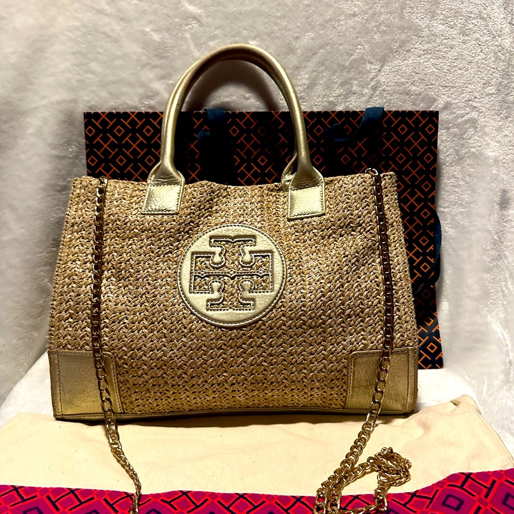 Tori Burch Ella Metallic Straw Raffia Tote with Leather Trim and Accents